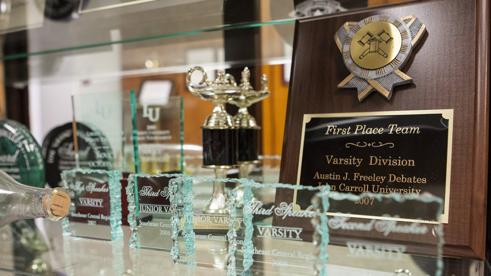 Some of Samford's many debate trophies