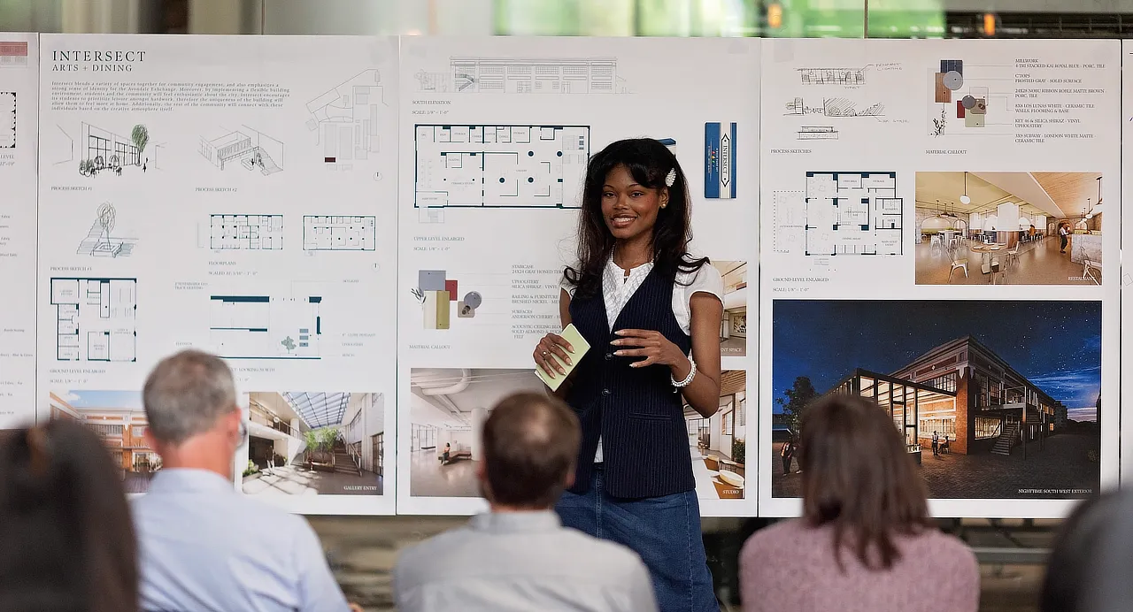 female student presenting images