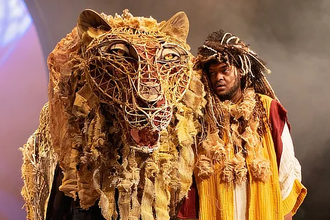 male student with lion head