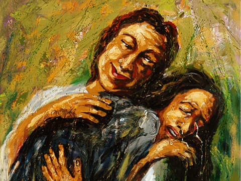 Painting of a woman consoling another woman