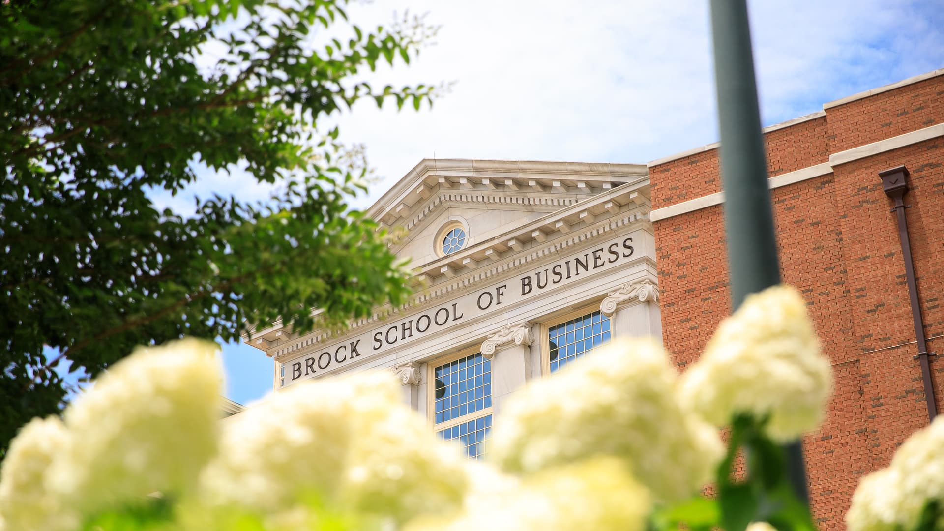 Cooney Hall facade through flowers