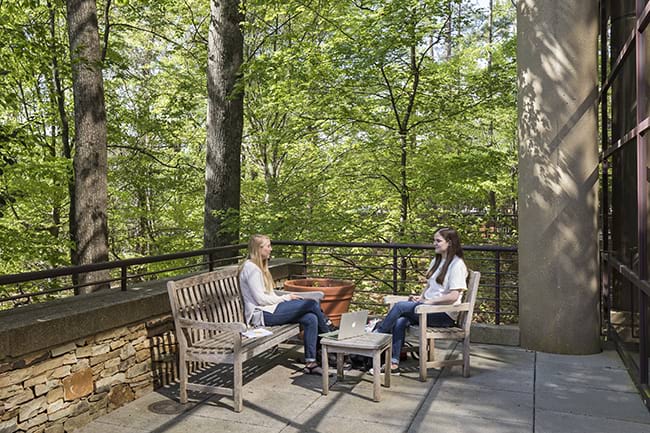 Students sitting on a patio at the College of Health Sciences