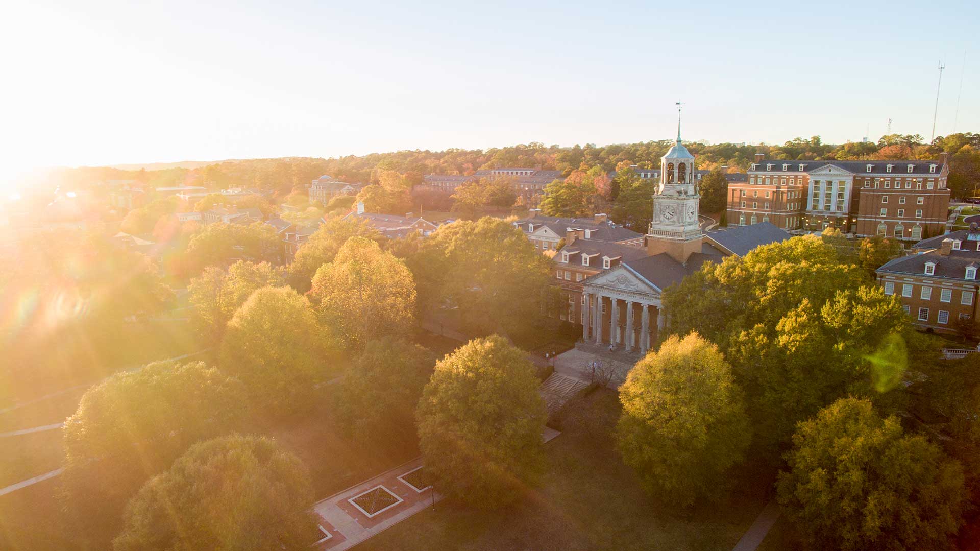 aerial view of campus with library and brock