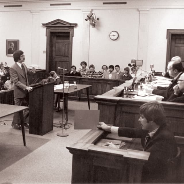 students in moot courtroom