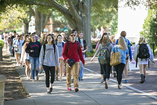 students walking in spring