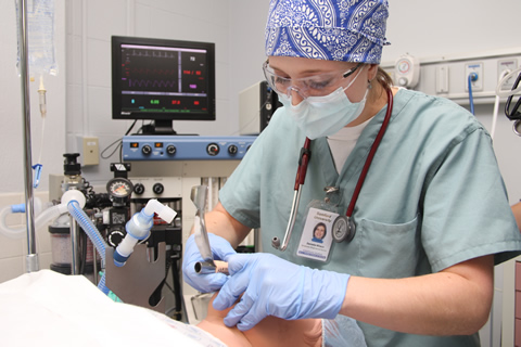 Nursing students participating in a simulation