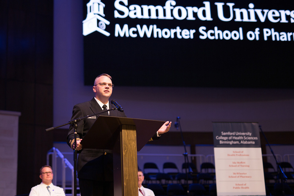 Nicholas Daniel speaks for McWhorter School of Pharmacy students at its annual White Coat Ceremony.