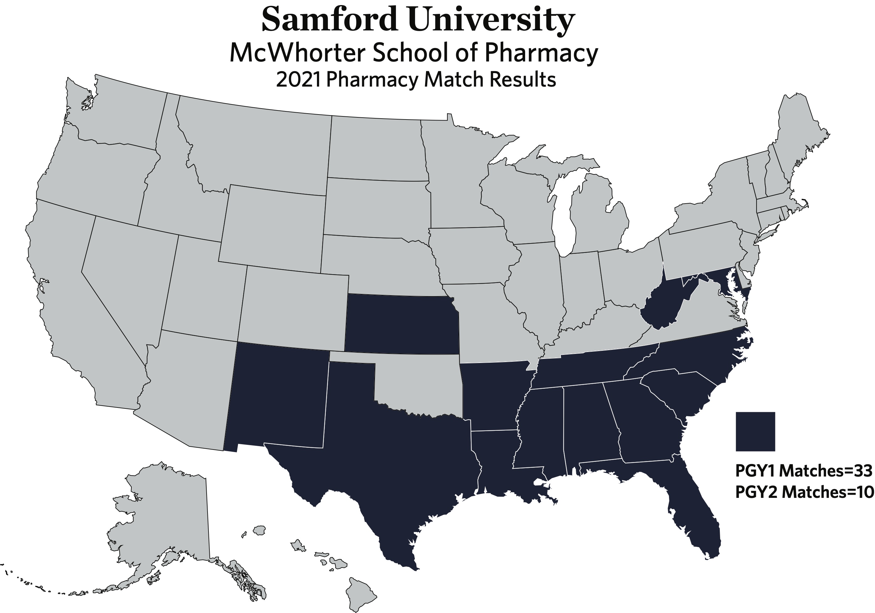 US map showing the states where students and graduates matched with a pharmacy residency