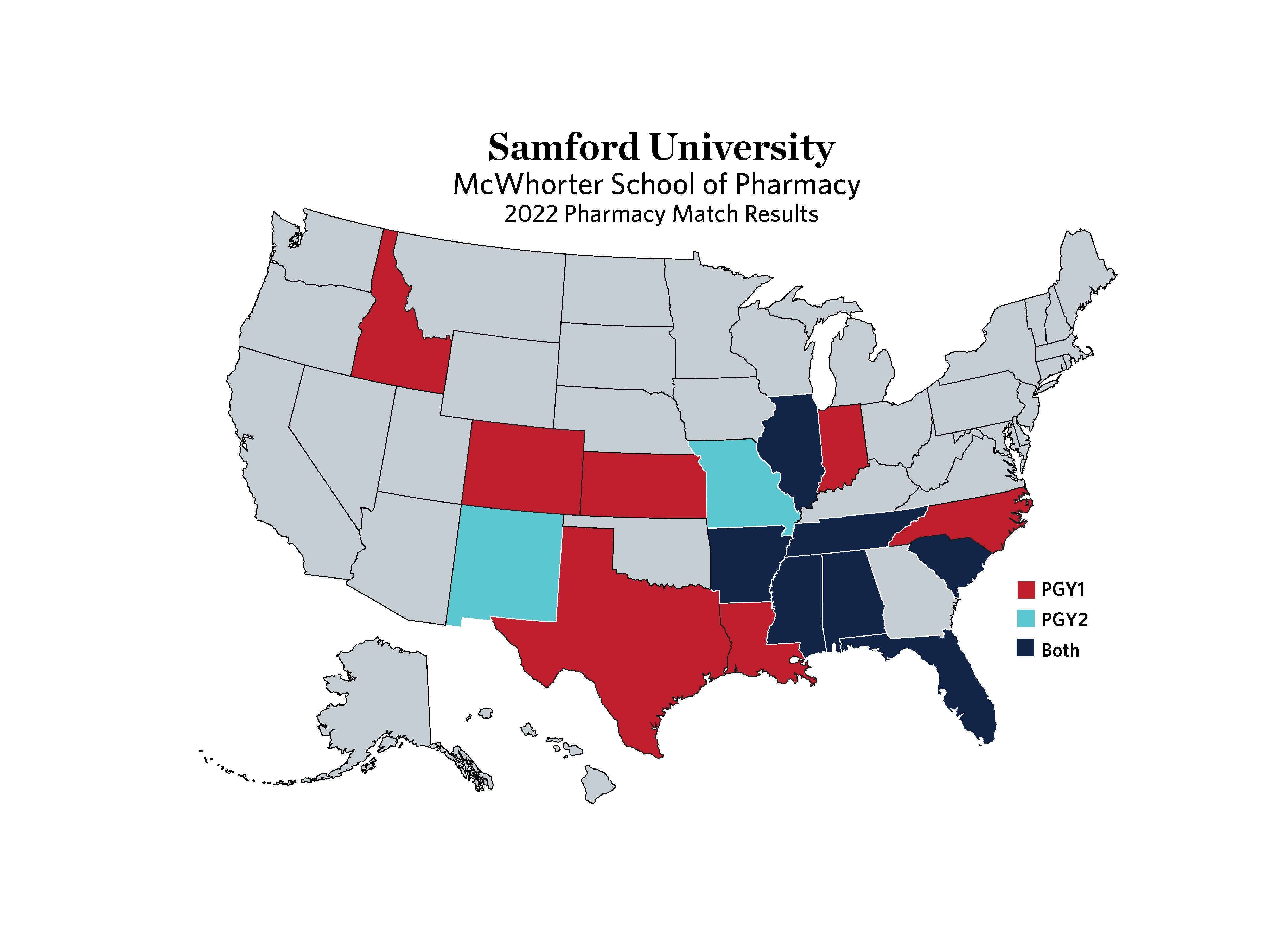 A graphic that shows the states where students and alumni matched with a pharmacy residency program.