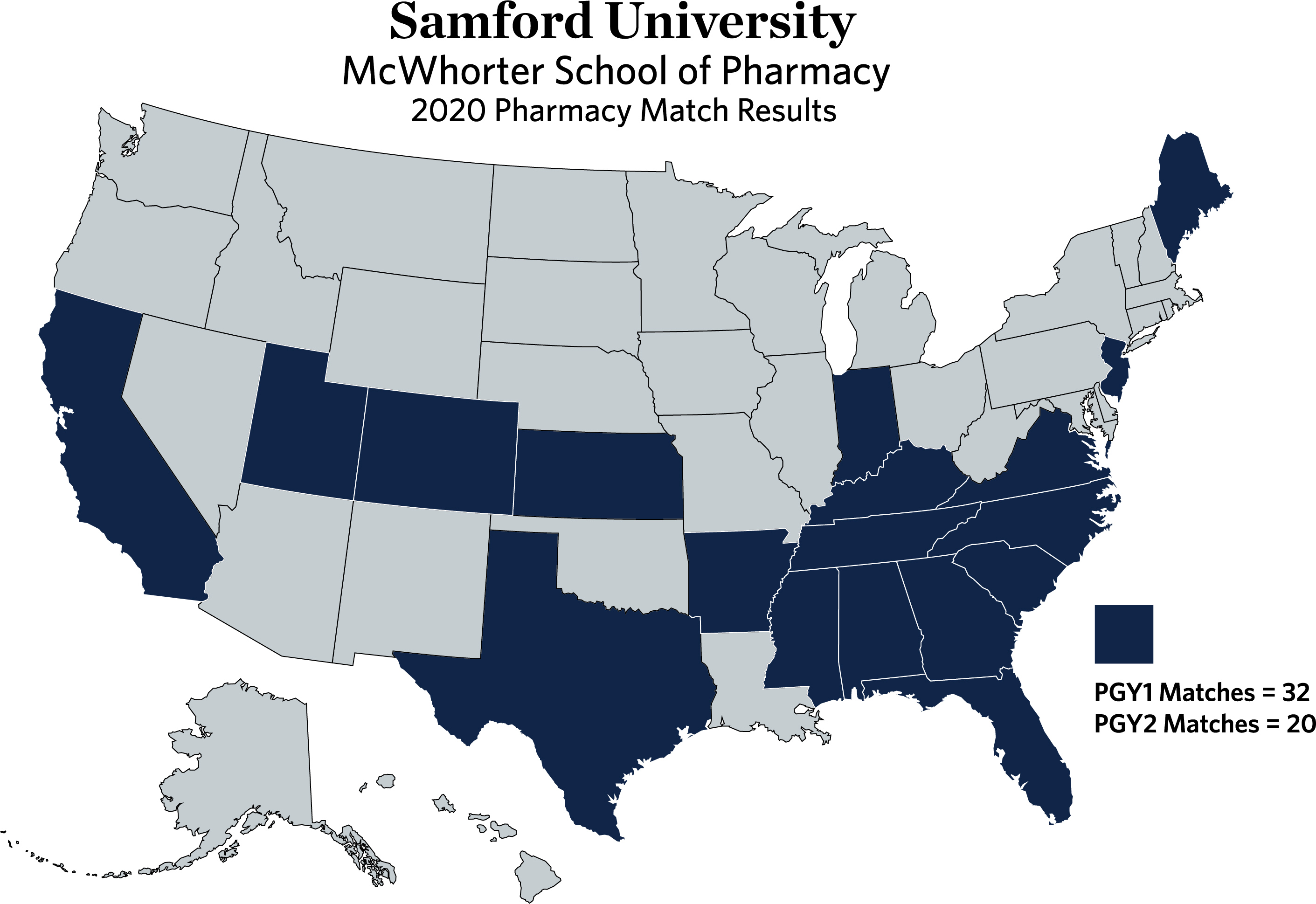Graphics of states where students and graduates matched with a residency