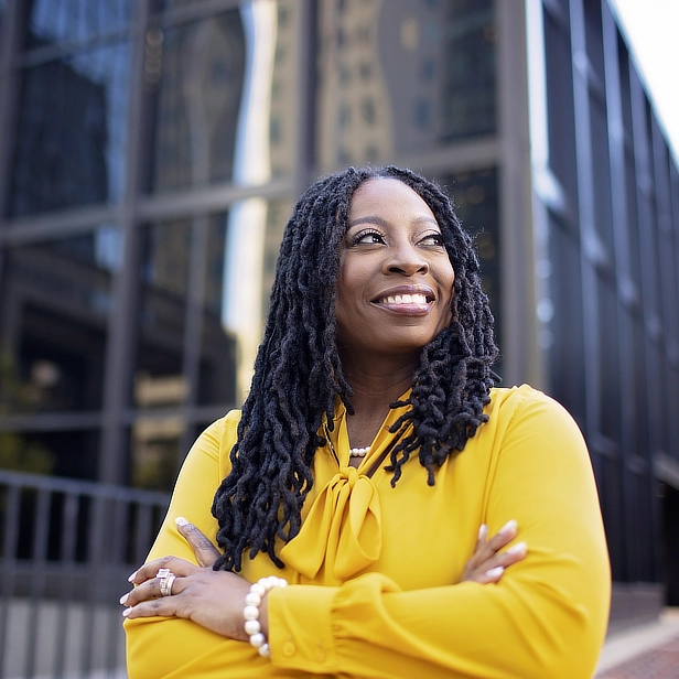Woman outside building