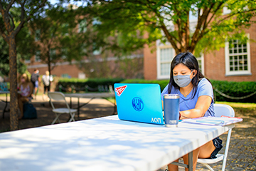 Student studying wearing mask