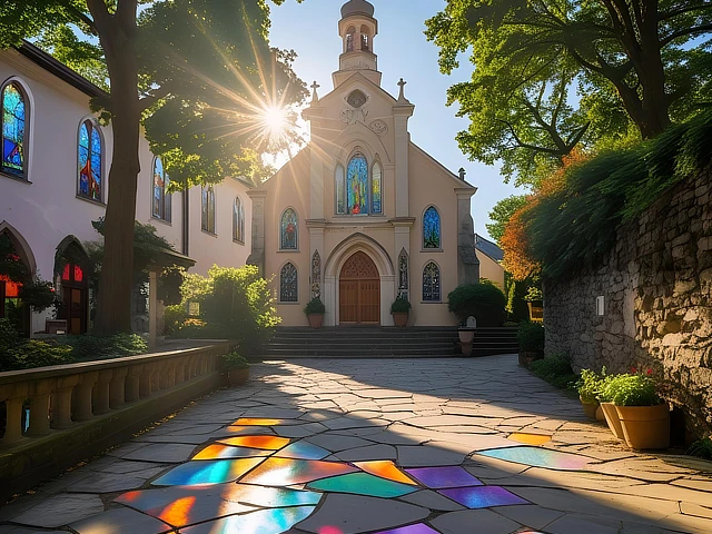 church with sunset behind it